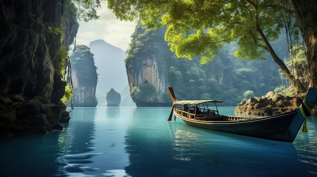 Photo generative ai beautiful seascape of thailand with boat ocean or sea landscape vacation