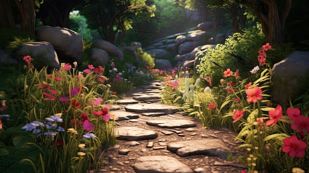 生成 AI 多くの花や植物の自然の風景を持つ美しい夏のプライベート ガーデン