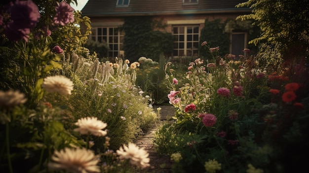 生成 AI 多くの花や植物の自然の風景を持つ美しい夏のプライベート ガーデン