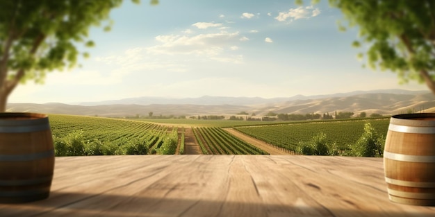 Фото Генеративный ии красивый виноградник с деревянными бочками зеленый пейзаж ряды виноградников на закате