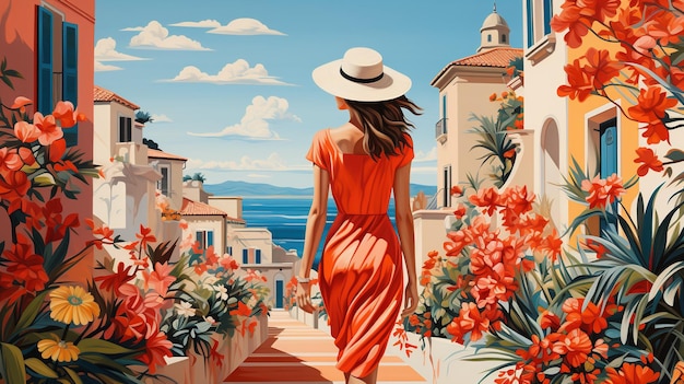 Generative AI beautiful woman in the summer cityscape of Italy flat illustration