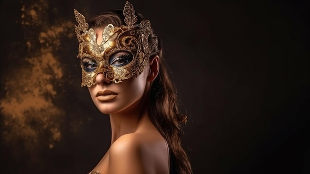 Generative AI beautiful young woman in enigmatic golden Venetian mask