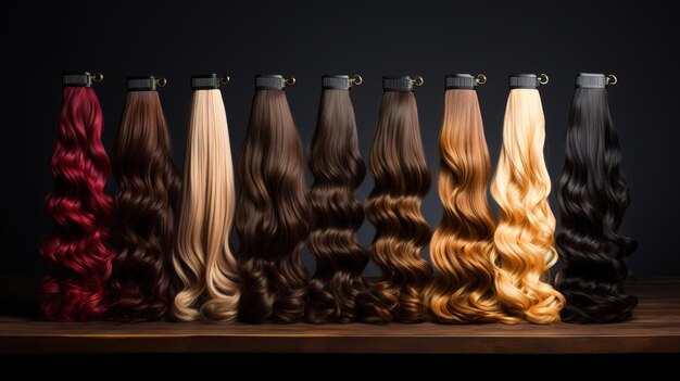 Photo generative ai beauty salon hair extensions different color samples