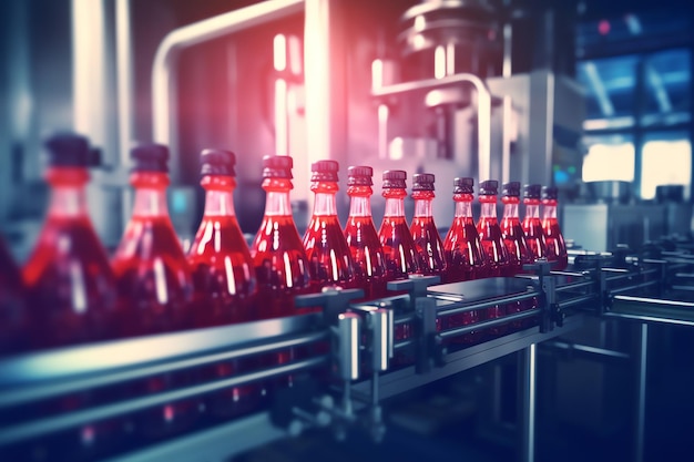 Generative AI Beer bottles on a production line in a brewery Selective focus