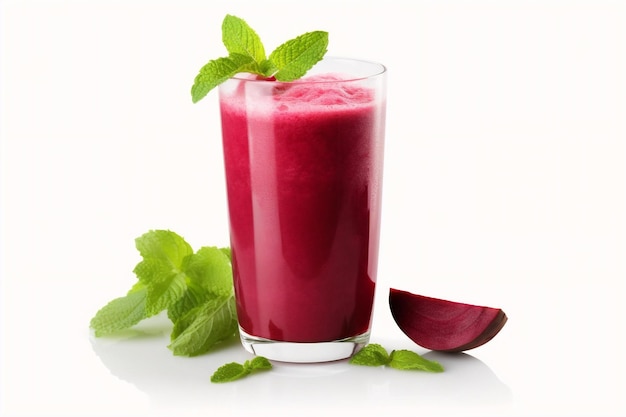 Generative AI Beetroot juice in a glass and fresh organics beetroot on white background