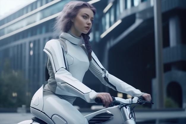 Generative ai biker girl with helmet riding a scifi motorcycle outdoors city