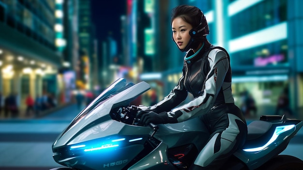 写真 屋外で sf バイクに乗ってヘルメットをかぶった生成 ai バイカー女性