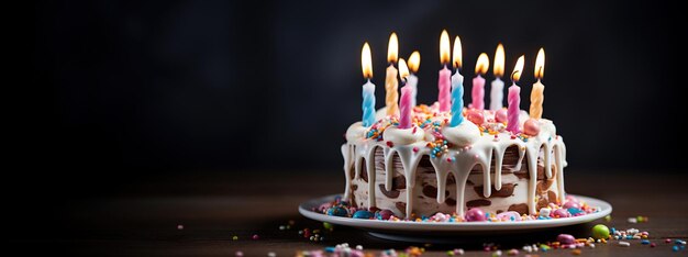 Фото Генеративный ai красивый торт на день рождения с фруктами и свечами для поздравления