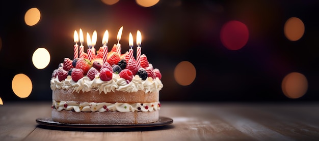 축하를 위한 과일과 양초 배너가 포함된 생성적 AI 생일 아름다운 케이크