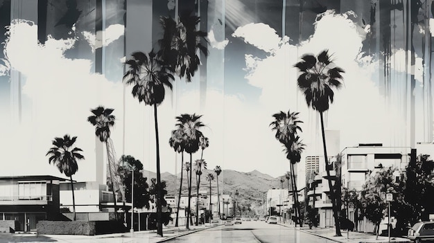写真 ロサンゼルスの通りとヤシの木を描いた黒と白のヴィンテージ新聞コラージュ