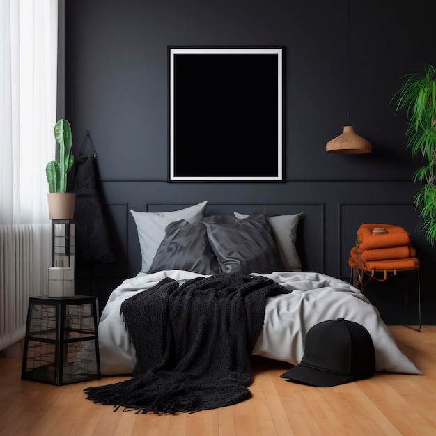 Generative AI Black frame in comfortable bedroom interior mockup empty