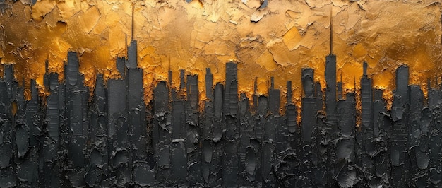 黒と金色に塗装された都市風景 インパスト・テクスチャー・スタイル ダーク・ゴシック・ランドスケープ