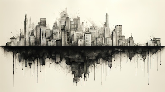 Generative AI Black ink and watercolor cityscape surreal illustration monochrome sketch