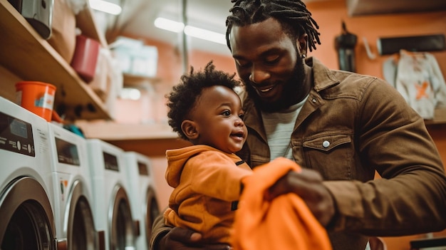 Генеративный ИИ темнокожий мужчина с ребенком в прачечной