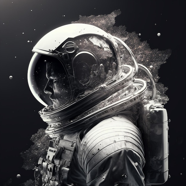 Generative ai black and white astronaut floating zero gravity in outer space Discovery exploration