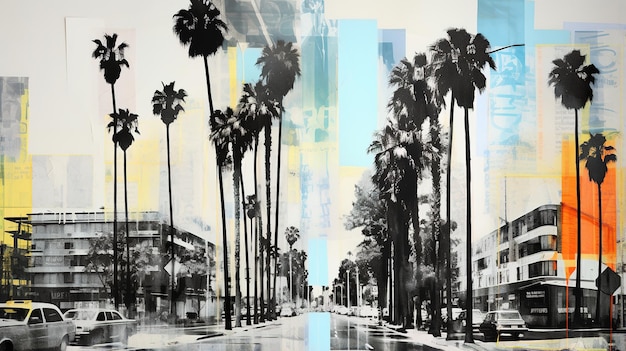 Generative AI Black and white vintage newspaper collage with Los Angeles street and palm trees