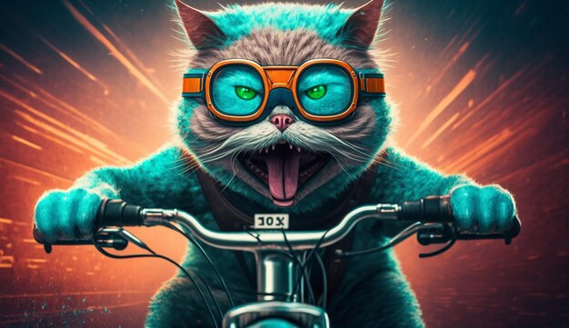 Generative AI a blue cat with glasses and a frowning face rides a bicycle