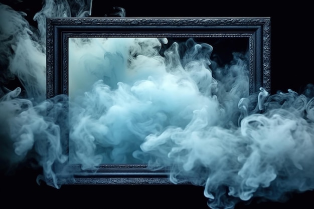 Generative AI Blue flowing smoke around empty vintage beautiful frame Copy space frame mock up blank