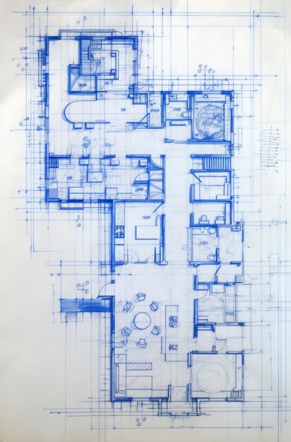 Генеративный ИИ Голубой принт план этажа архитектурный фон технический рисунок вертикальный формат