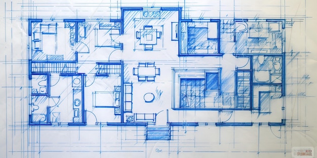 Генеративный ИИ Голубой принт план этажа архитектурный фон технический чертеж