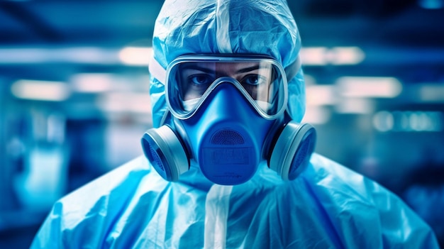 Generative AI blue tone image of a scientist or medical professional entering a biohazardous danger zone while wearing complete protective gear