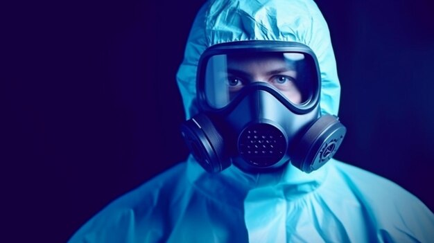 Generative ai blue tone image of a scientist or medical professional entering a biohazardous danger zone while wearing complete protective gear