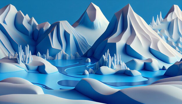 Generative AI Blue and White Abstract Mountain Landscape