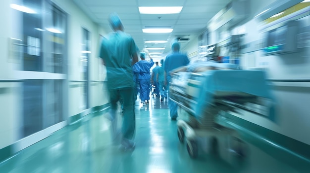Генеративный ИИ размытый коридор больницы с большим количеством занятых врачей здравоохранения