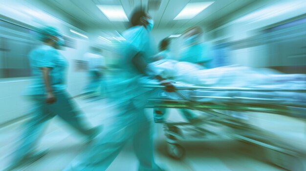 Generative AI Blurred hospital corridor with many people busy doctors health care