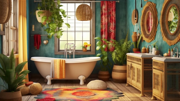 Generative AI Boho Bliss A Vibrant and Relaxing Bathroom Design