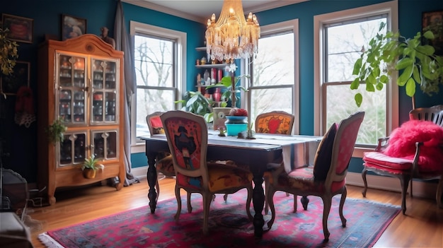 Photo generative ai bohochic dining room a colorful and eclectic space
