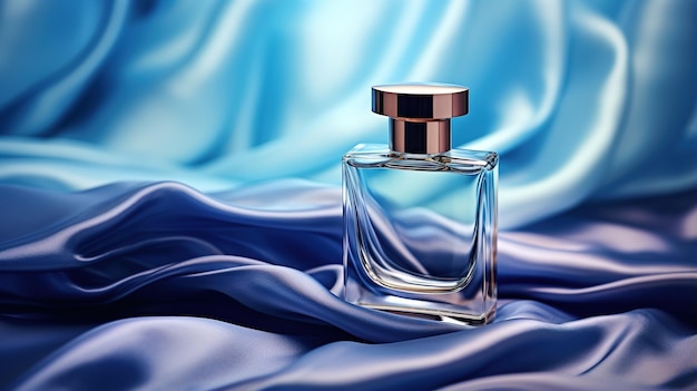 ジュネレーティブAI 青いシルクの背景の香水のボトル 青い香りのパッケージングデザインのモックアップのガラスのボトル