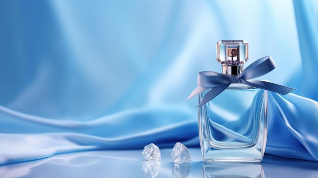 Generative ai bottle of perfume on a blue silk background glass flask with blue fragrance packaging design mock up