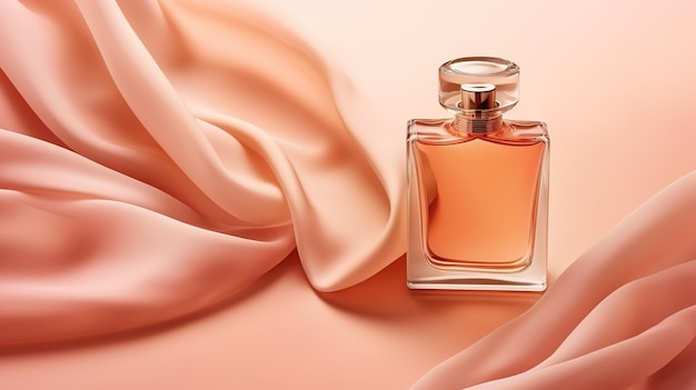 Generative AI Bottle of perfume on a orange silk background Glass flask with orange fragrance packaging design mock up