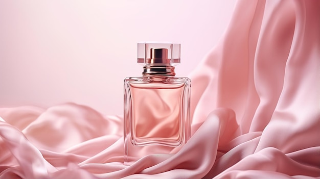 Generative AI Bottle of perfume on a pink silk background Glass flask with pink fragrance packaging design mock up