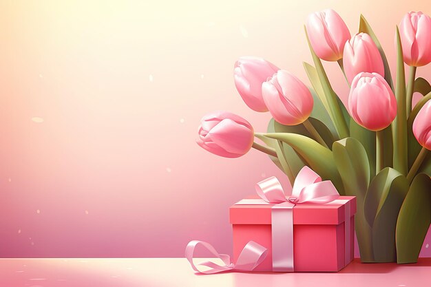 Generative ai Bouquet of tulips and gift box on pink background