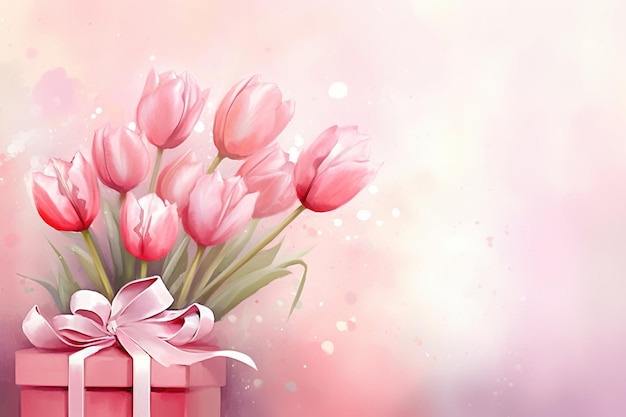 Generative ai Bouquet of tulips and gift box on pink background