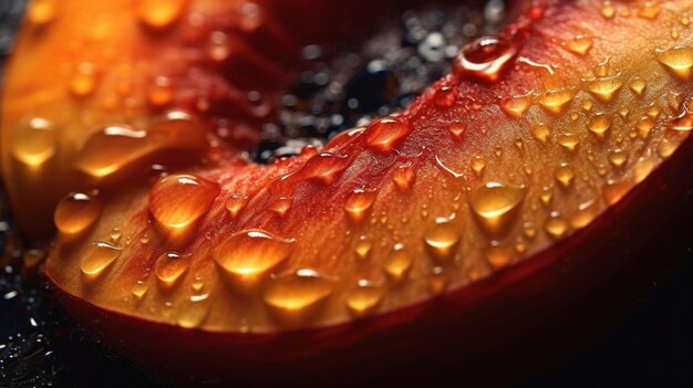 Foto generativo ai brillante fetta di succosa pesca matura e gocce d'acqua macro di frutta estiva