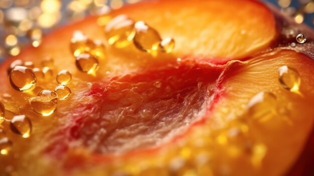 Generative ai bright slice of juicy ripe peach and water drops macro of summer fruit