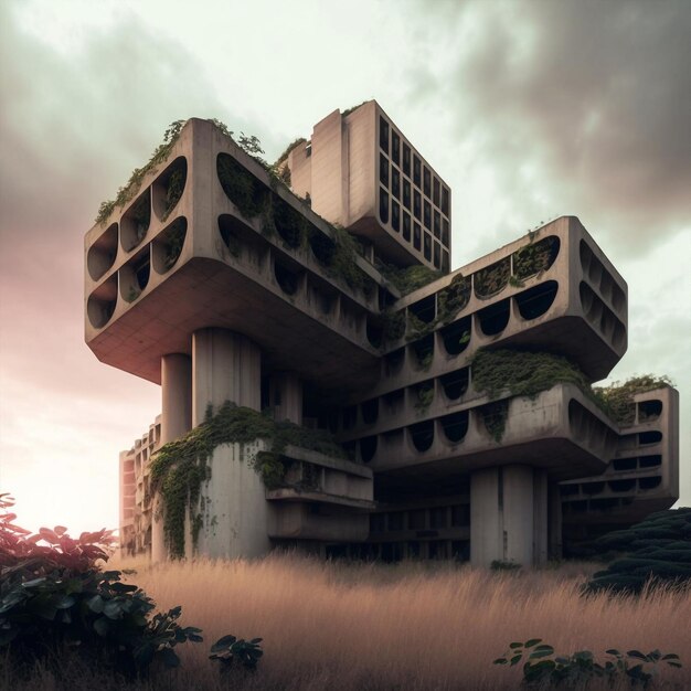 Foto generativo ai brutalista edificio modernista geometrico in calcestruzzo modulare nel deserto