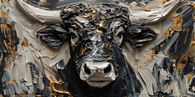 Generative AI Bull impasto painted illustration black and golden representing financial market trend