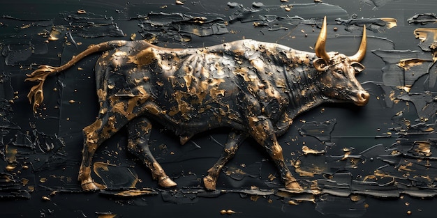 Foto generativa ai bull impasto illustrazione dipinta in nero e oro che rappresenta la tendenza del mercato finanziario