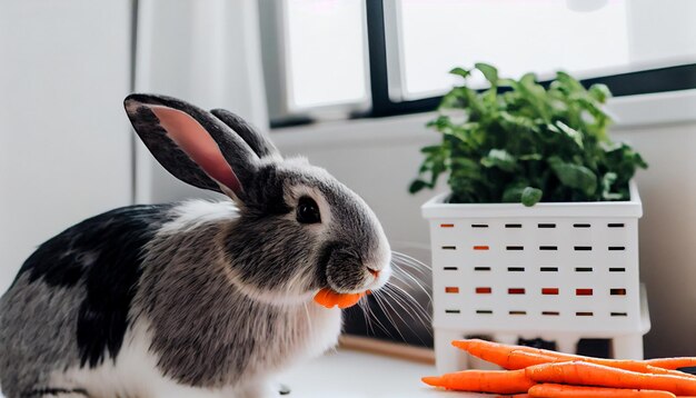 Generative AI Bunny Bliss A Pet Rabbit Nibbles on Carrots in a Cozy Indoor Haven