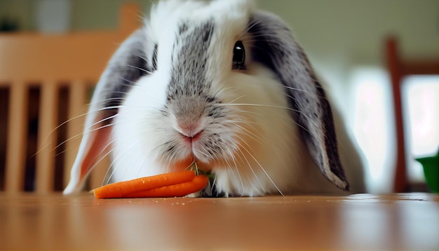 생성 AI Bunny Bliss 애완동물 토끼는 쾌적한 실내 에서 당근을 는다