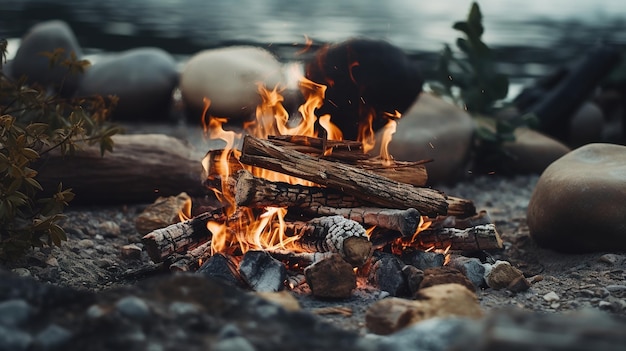 Generative AI Burning bonfire in the evening camping outdoor concept in neutral muted colors