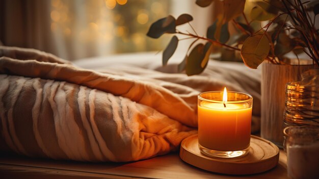 Photo generative ai burning candle on beige background aesthetic composition home interior comfort spa relax and wellness concept