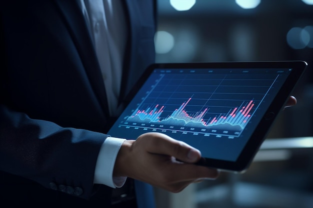 Generative AI Businessman using tablet analyzing sales data and economic growth graph chart