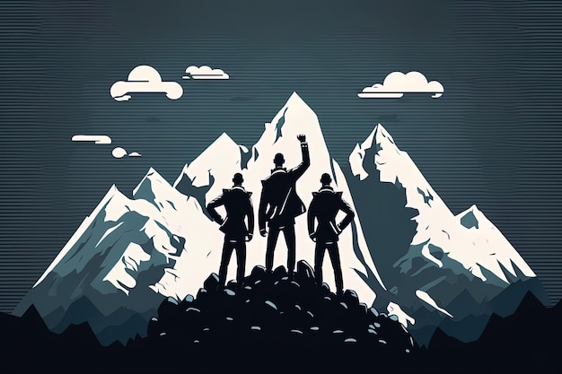 Generative AI businessmen standing on top of a mountain in victory posesBusiness success concept Success in life concept with business person celebrating on top of mountain