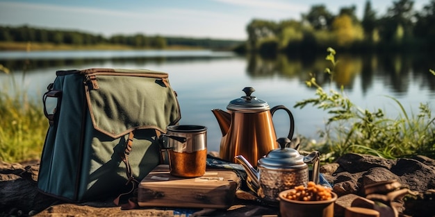 Generative AI Camping tent shoes and a cooking pot set in a camp site