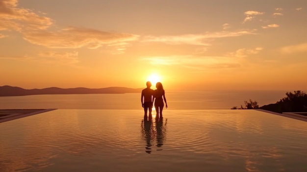 Генеративный ИИ запечатлел влюбленную пару в отпуске, любуясь летним закатом над Эгейским морем у бассейна.